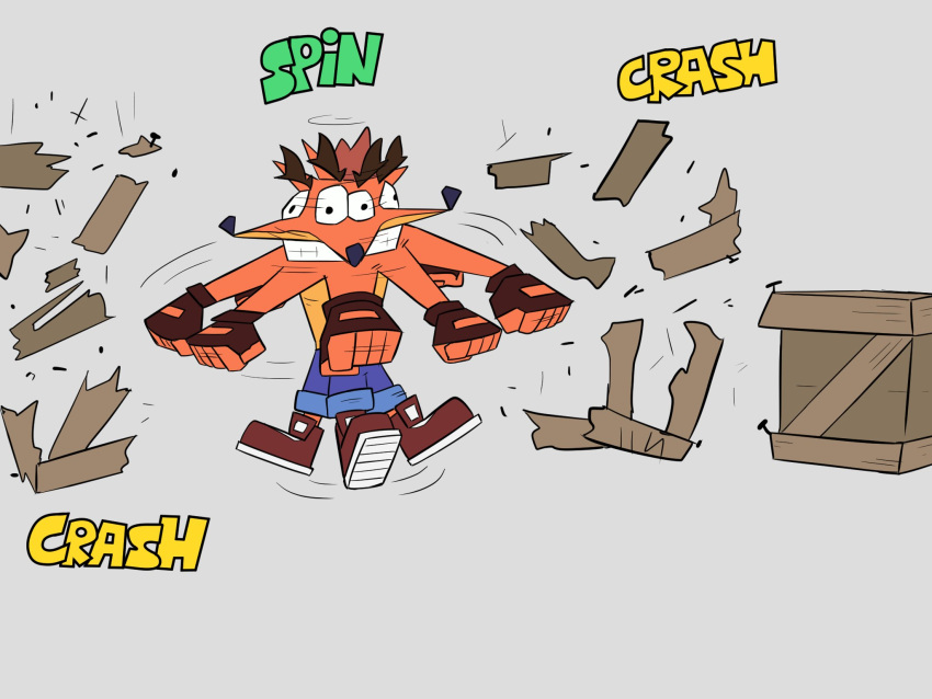 activision anthro bandicoot bottomwear box breaking clothing container crash_(series) crash_bandicoot crate footwear gloves handwear hi_res male mammal marsupial nail orange_body shirtless shoes shorts solo spinning thef1amethr0wer