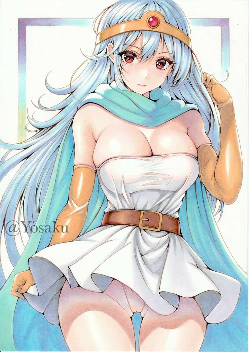 bare_shoulders belt blue_cape blue_hair breasts cape cleavage cowboy_shot dragon_quest dragon_quest_iii dress elbow_gloves female gloves highleg highres large_breasts long_hair red_eyes sage_(dq3) short_dress simple_background solo tiara white_background white_dress yellow_gloves yosaku_vs_hina