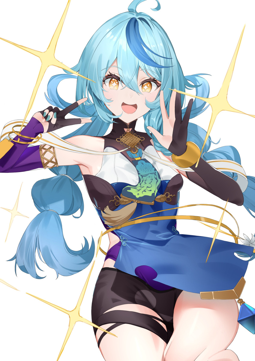 :d absurdres ahoge aqua_nails blue_hair bow-shaped_hair breasts clothing_cutout detached_sleeves diamond-shaped_pupils diamond_(shape) gloves highres hip_vent long_hair looking_at_viewer nijisanji orange_eyes partially_fingerless_gloves rakkasei side_cutout small_breasts smile sparkle symbol-shaped_pupils tamanoi_nana thighs tri_tails v virtual_youtuber waving white_background