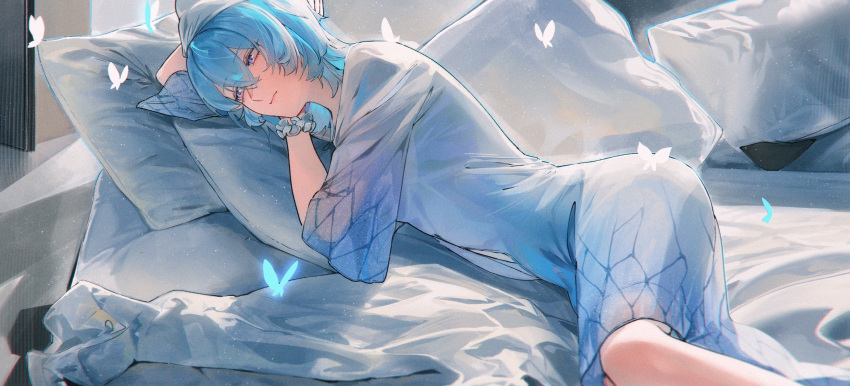 absurdres alternate_costume blue_hair bug butterfly closed_mouth commentary dress english_commentary female hair_between_eyes highres lufi_ays lying medium_hair on_bed on_side pillow purple_eyes shorekeeper_(wuthering_waves) solo white_butterfly white_dress wuthering_waves