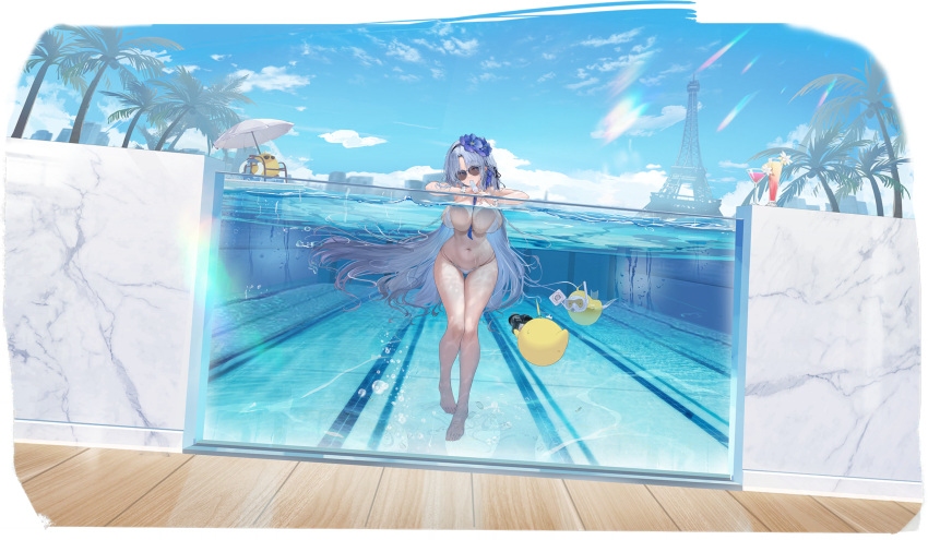 absurdly_long_hair absurdres against_glass alsace_(azur_lane) alsace_(heat_beating_summer_sacrament)_(azur_lane) azur_lane bare_shoulders between_breasts bikini bird black_ribbon blue_hair blue_necktie blue_sky blurry blurry_background blush bracelet breast_press breasts breasts_on_glass chick cocktail cocktail_glass cup day detached_collar dot_nose drinking_glass eiffel_tower feifeifeihai female floating_hair flower food full_body hair_flower hair_ornament hair_ribbon hair_spread_out hands_up highres holding holding_food holding_popsicle holding_sign jewelry light_blue_hair long_hair manjuu_(azur_lane) nail_polish navel necktie necktie_between_breasts non-web_source nose_blush official_alternate_costume official_art outdoors palm_tree parted_bangs partially_submerged partially_underwater_shot popsicle raised_eyebrows revision ribbon sign skindentation sky sunglasses swimsuit thigh_gap thighs tree underwater very_long_hair wavy_mouth white_bikini