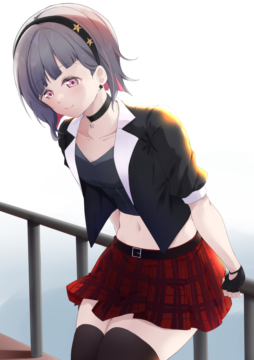 absurdres against_railing black_choker black_gloves black_jacket black_thighhighs blush bob_cut breasts choker collarbone colored_inner_hair commentary cowboy_shot crop_top cropped_jacket cropped_shirt diagonal_bangs female fingerless_gloves gloves grey_hair highres inverted_bob jacket link!_like!_love_live! looking_at_viewer love_live! medium_breasts midriff miniskirt multicolored_hair navel official_alternate_costume open_clothes open_jacket parisnoko pink_eyes pink_hair plaid_clothes plaid_skirt pleated_skirt proof_(love_live!) railing red_skirt short-sleeved_jacket short_hair short_sleeves skirt smile solo star_(symbol) star_choker star_hairband streaked_hair thighhighs v-neck virtual_youtuber yugiri_tsuzuri zettai_ryouiki