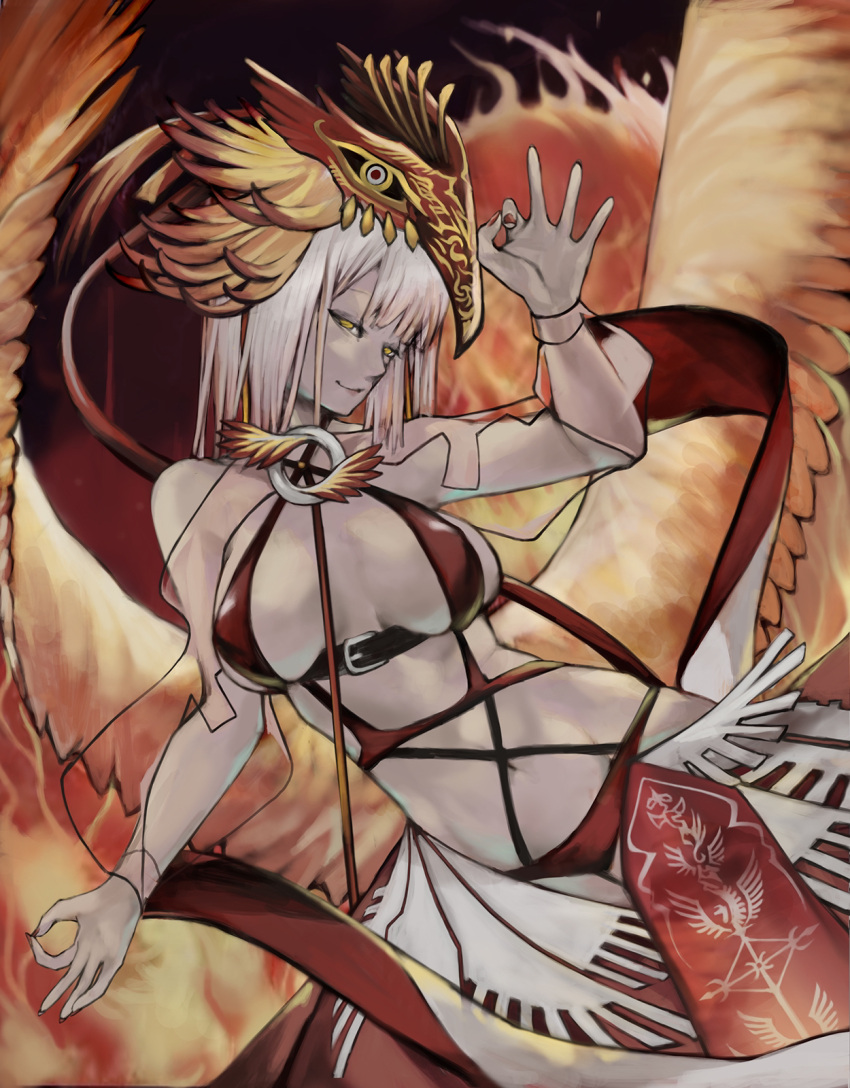 beatmania_(series) bird_girl carcinization chinese_mythology english_commentary female fire highres nyami o-ring orange_wings red_nails solo suzaku white_hair wings yellow_eyes