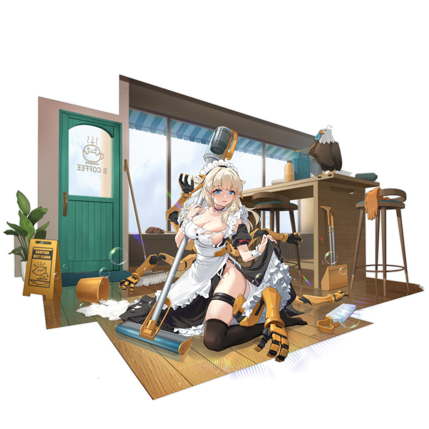 apron awning bar_stool bird black_dress black_thighhighs blonde_hair blue_eyes bottle breasts cafe chilunchilun choker cleavage detached_sleeves door dress duster dustpan eagle extra_arms feather_duster female frilled_choker frills full_body girls'_frontline gloves highres holding holding_mop indoors kneeling large_breasts light_rays m1897_(girls'_frontline) m1897_(immaculate_rondo)_(girls'_frontline) maid maid_apron maid_headdress mechanical_arms medium_hair mop mop_bucket no_shoes official_alternate_costume official_art open_mouth plant potted_plant reflective_floor rubber_gloves short_hair skindentation skirt_hold soap_bubbles solo spill spray_bottle stool sweatdrop table thigh_strap thighhighs third-party_source torn_apron torn_clothes torn_dress transparent_background two_side_up unworn_gloves wet_floor_sign white_apron white_wrist_cuffs window wooden_floor wrist_cuffs