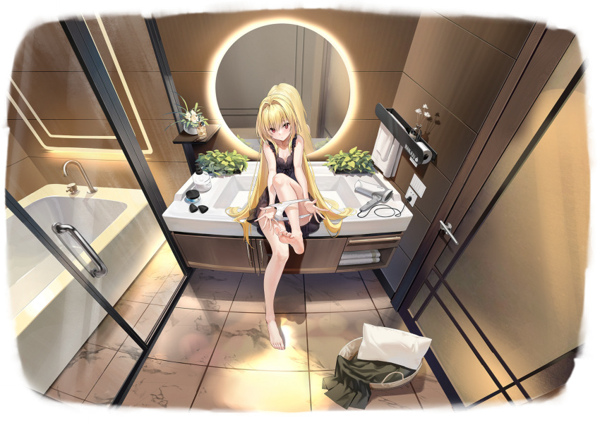 absurdres artist_request azur_lane bare_shoulders barefoot bathroom black_dress blonde_hair bow bow_panties breasts dress feet female foot_out_of_frame hair_dryer hair_flowing_over hair_spread_out highres holding holding_panties holding_underwear holding_unworn_clothes indoors knee_up konjiki_no_yami konjiki_no_yami_(pajama_status:on) legs long_hair looking_at_viewer mirror non-web_source official_art panties red_eyes reflection sitting small_breasts soles solo tissue to_love-ru to_love-ru_darkness toenails toes underwear undressing very_long_hair white_panties