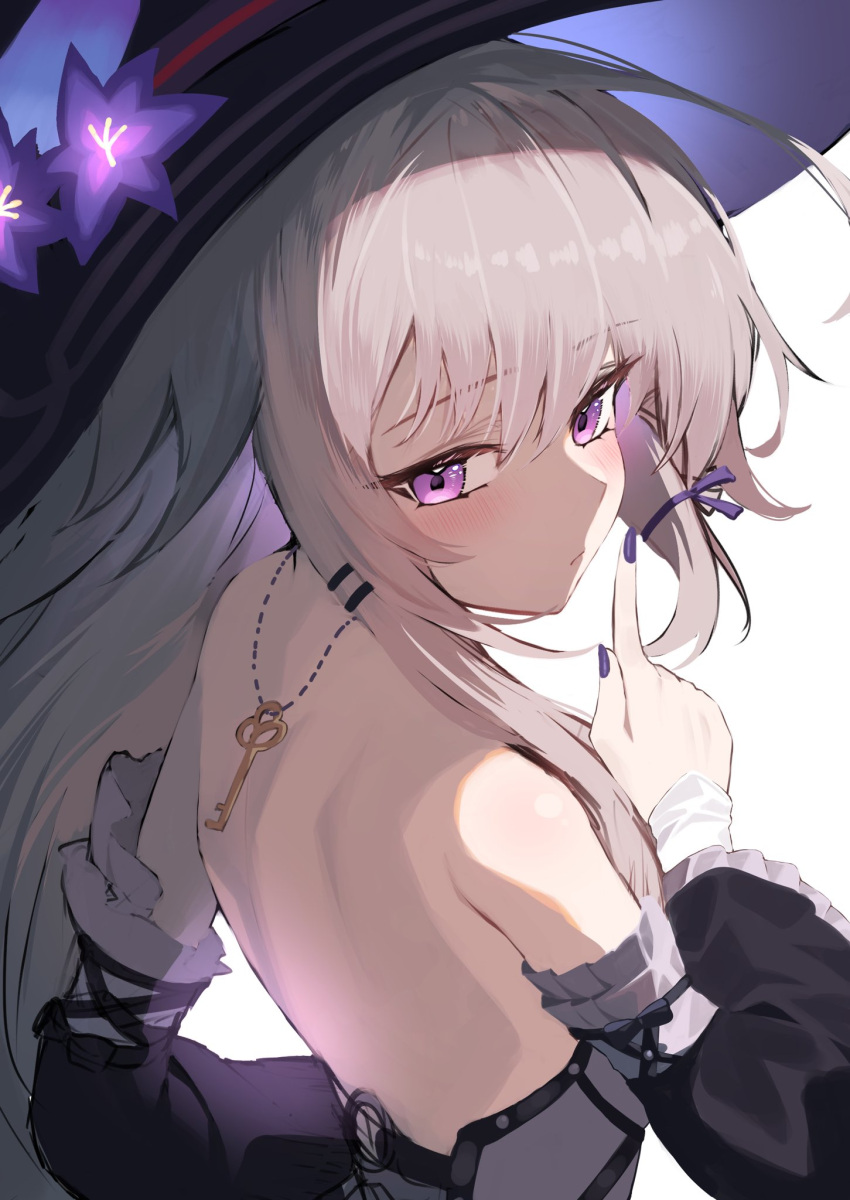 backless_dress backless_outfit bare_shoulders black_dress blush brown_hair detached_sleeves dress finger_to_mouth flower from_behind hat hat_flower herta_(honkai:_star_rail) highres honkai:_star_rail honkai_(series) key long_hair long_sleeves looking_back pinponpaaru purple_eyes purple_flower purple_nails the_herta_(honkai:_star_rail) upper_body witch_hat