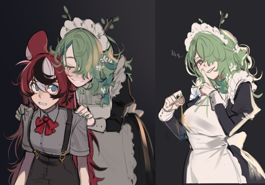 2girls alternate_costume animal_ears antlers apron black_background black_hair black_pants blue_eyes bow bowtie branch ceres_fauna collared_shirt dress_shirt enmaided eus_ing finger_to_mouth flower green_hair green_nails grey_shirt grin hair_flower hair_ornament hakos_baelz hands_on_shoulders high-waist_pants holding holding_key hololive hololive_english horns key long_hair looking_at_viewer maid maid_apron maid_headdress medium_hair mouse_ears mouse_girl mouse_tail multicolored_hair multiple_girls multiple_views neck_ribbon pants red_bow red_bowtie red_hair ribbon sharp_teeth shirt short_sleeves shushing sidelocks simple_background smile streaked_hair suspenders tail teeth translation_request very_long_hair virtual_youtuber white_hair