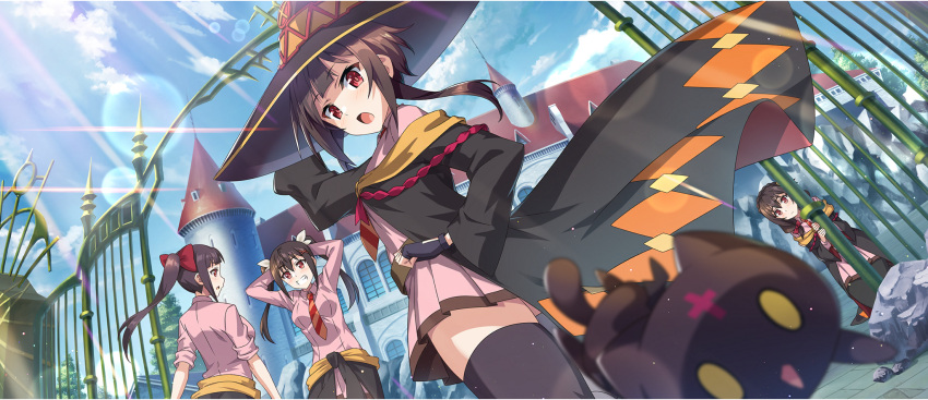 4girls :o belt black_cat black_gloves black_hat black_robe black_thighhighs blue_sky bow braid brown_belt brown_hair chomusuke clothes_around_waist crown_braid diagonal-striped_clothes diagonal-striped_necktie dodonko_(konosuba) dress feline fingerless_gloves from_above funifura game_cg gloves grin hair_ornament hairbow hand_on_headwear hand_on_own_hip hands_on_own_head hat highres kono_subarashii_sekai_ni_bakuen_wo! kono_subarashii_sekai_ni_shukufuku_wo! konosuba_fantastic_days long_hair looking_at_viewer looking_back looking_down low_twintails matching_outfits megumin multiple_girls necktie official_alternate_costume official_art open_mouth orange_necktie pink_dress ponytail red_bow red_eyes red_necktie red_prison_magic_school_uniform robe school school_uniform short_dress short_hair short_hair_with_long_locks sidelocks sky smile striped_clothes sunlight thighhighs twintails two-sided_fabric two-sided_robe two-tone_necktie white_bow wide_sleeves wings witch_hat x_hair_ornament yunyun_(konosuba) zettai_ryouiki