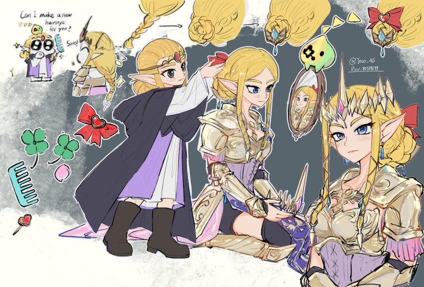 2girls absurdres alternate_hairstyle armor armored_dress blonde_hair boots bow circlet cloak comb hair_bun hair_focus hair_ornament hairbow hairdressing highres hyrule_warriors in-franchise_crossover long_hair looking_at_mirror low-braided_long_hair low-tied_long_hair mirror multiple_girls multiple_persona pointy_ears princess_zelda single_hair_bun the_legend_of_zelda the_legend_of_zelda:_echoes_of_wisdom tiara tiara_removed tri_(zelda) yoco45rkgk