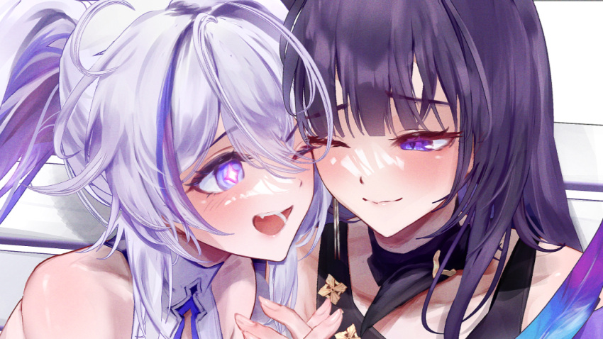 2girls blue_eyes blunt_bangs collar commentary detached_collar diamond-shaped_pupils diamond_(shape) high_ponytail honkai_(series) honkai_impact_3rd interlocked_fingers kiana_kaslana kiana_kaslana_(apho) kiana_kaslana_(herrscher_of_finality) multiple_girls nyeppu one_eye_closed open_mouth ponytail purple_eyes purple_hair raiden_mei raiden_mei_(apho) smile symbol-shaped_pupils white_collar white_hair