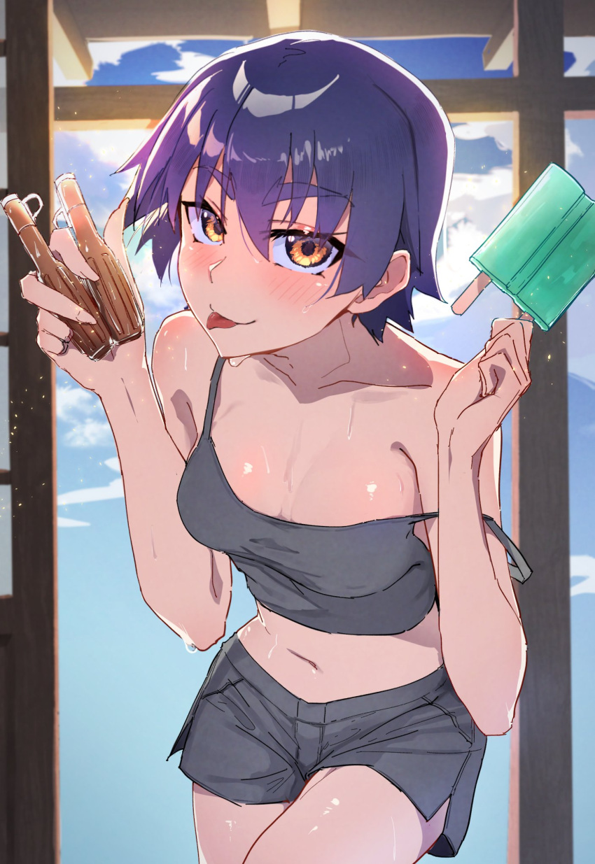 blush breasts camisole cloud cowboy_shot female food grey_camisole grey_shorts hands_up highres holding holding_food holding_popsicle kanbaru_suruga looking_at_viewer medium_breasts monogatari_(series) navel orange_eyes popsicle purple_hair short_hair shorts sky sleeveless smile solo sweat thick_eyebrows thomas_(aoakumasan) tongue tongue_out