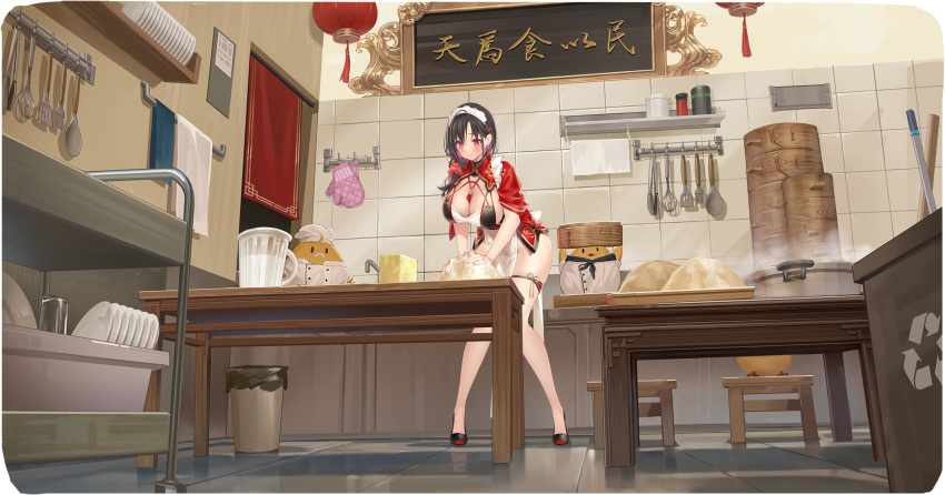 absurdres animal azur_lane baking bamboo_steamer bird black_footwear black_hair blush breasts butter chef_hat chinese_clothes cleavage closed_mouth dough female food full_body hair_ornament hat highres indoors kitchen kneading_dough large_breasts long_hair maid_headdress manjuu_(azur_lane) non-web_source official_alternate_costume official_art pelvic_curtain plate popqn purple_eyes revision short_sleeves sweat sweatdrop table thigh_strap thighs ting_an_(azur_lane) ting_an_(tender_white_jade)_(azur_lane) trash_can