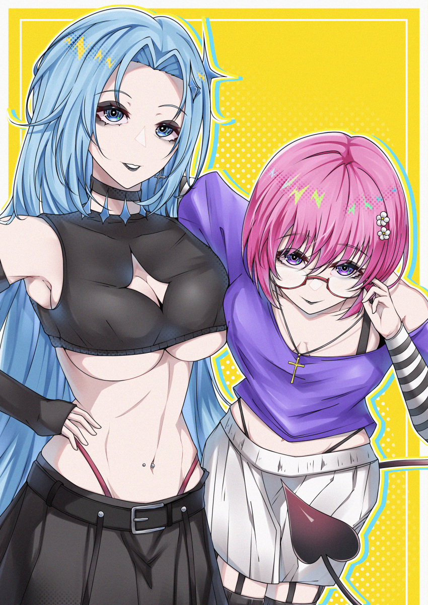 2girls absurdres alsace_(azur_lane) azur_lane bare_shoulders black_choker black_lips black_skirt black_sleeves blue_eyes blue_hair breasts choker cleavage cleavage_cutout clothing_cutout cross cross_necklace demon_tail detached_sleeves english_commentary hand_on_own_hip highleg highleg_panties highres jewelry junedxu large_breasts long_hair looking_at_viewer momo_velia_deviluke multiple_girls navel navel_piercing necklace panties piercing pink_hair purple_eyes purple_shirt red_panties shirt short_hair simple_background skirt stomach tail to_love-ru to_love-ru_darkness toyosaki_aki underboob underwear very_long_hair voice_actor_connection white_skirt yellow_background