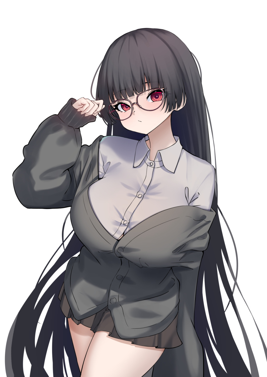 amaterasu_(himegami_emaki) black_hair black_skirt breasts collared_shirt defaultkavy female glasses highres himegami_emaki long_hair long_sleeves looking_at_viewer off_shoulder pleated_skirt red_eyes shirt simple_background skirt solo white_background