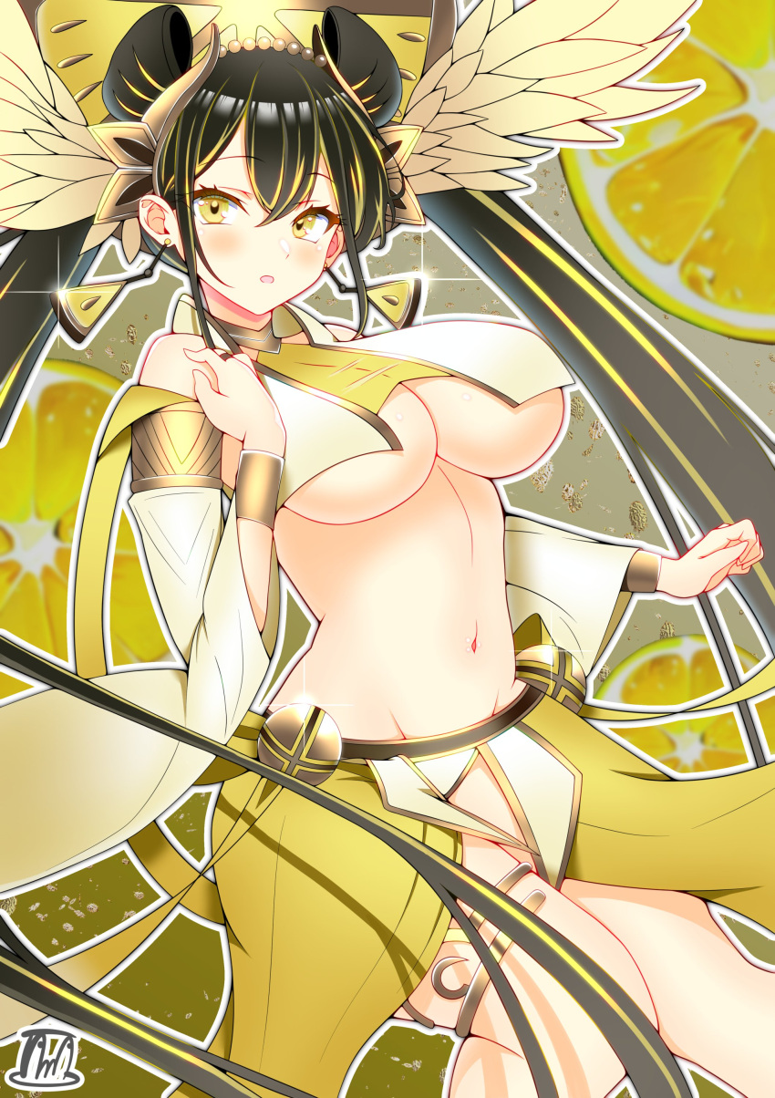 absurdres black_hair blonde_hair blurry blurry_background breasts cowboy_shot duel_monster female food fruit highres large_breasts lemon midriff multicolored_hair navel ohime_the_manifested_mikanko skirt solo streaked_hair tama_(druid22) twintails two-tone_hair underboob yellow_skirt yu-gi-oh!