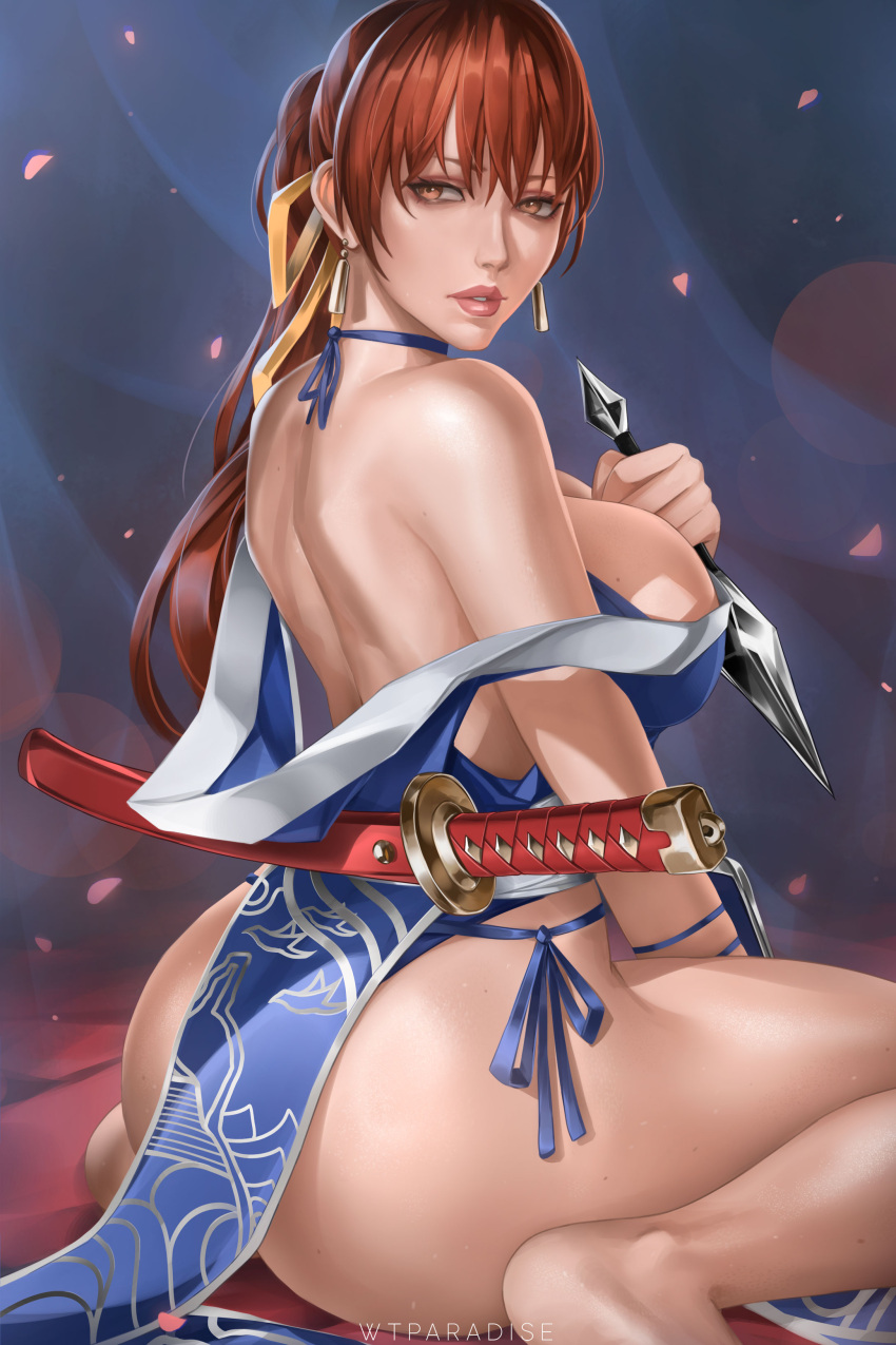 absurdres artist_name ass bare_shoulders breasts brown_eyes brown_hair choker commentary dead_or_alive earrings english_commentary female from_side hair_ribbon hand_on_own_chest highres holding holding_weapon jewelry kasumi_(doa) katana large_breasts lips long_hair looking_at_viewer looking_to_the_side off_shoulder parted_lips pelvic_curtain ponytail ribbon sheath sheathed single_earring sitting solo sword wariza weapon wtparadise yellow_ribbon