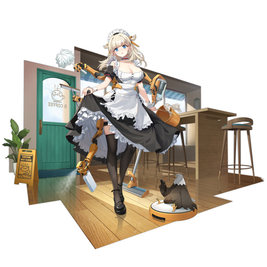 apron awning bar_stool bird black_dress black_footwear black_thighhighs blonde_hair blue_eyes bottle breasts bucket cafe cellphone chilunchilun choker cleavage detached_sleeves door dress duster eagle extra_arms feather_duster female frilled_choker frills full_body girls'_frontline head_tilt highres holding holding_bucket holding_duster holding_mop holding_phone indoors large_breasts light_rays looking_at_viewer m1897_(girls'_frontline) m1897_(immaculate_rondo)_(girls'_frontline) maid maid_apron maid_headdress mary_janes mechanical_arms medium_hair mop mop_bucket official_alternate_costume official_art open_mouth phone plant potted_plant reflective_floor robotic_vacuum_cleaner shoes short_hair sitting skirt_hold smartphone solo spray_bottle spraying stool table thigh_strap thighhighs third-party_source transparent_background two_side_up wet_floor_sign white_apron white_wrist_cuffs window wooden_floor wrist_cuffs