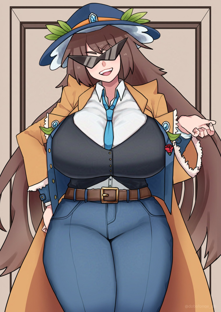 belt breasts brown_coat coat dobonge female gangster gensokyo_odyssey highres huge_breasts kakkoi_elbertson loose_necktie mafia necktie solo sunglasses tagme thick_thighs thighs touhou triangular_eyewear wide_hips