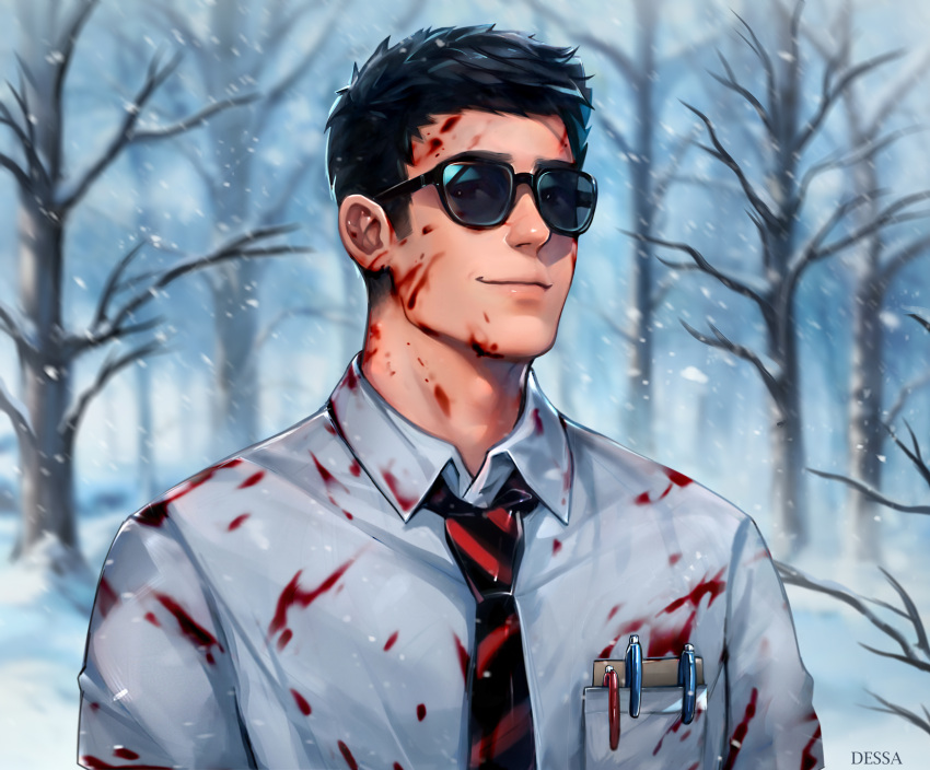 1boy artist_name bare_tree black_hair blood blood_on_clothes blood_on_face breast_pocket closed_mouth collared_shirt commentary dead_by_daylight dessa_nya dwight_fairfield english_commentary eyes_visible_through_eyewear highres looking_at_viewer male_focus necktie pen pocket shirt short_hair smile snow snowing solo striped_necktie sunglasses tree upper_body white_shirt wing_collar winter