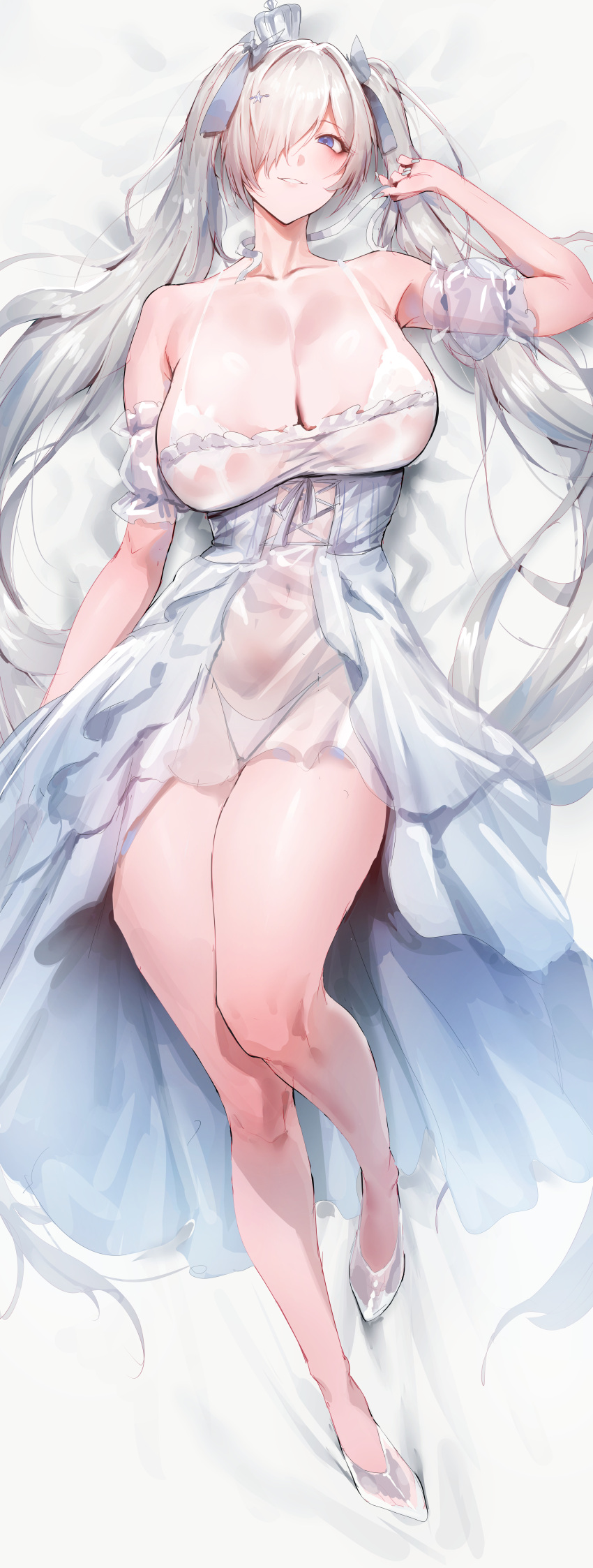 absurdres bed_sheet blue_eyes breasts cinderella_(nikke) cleavage collarbone crown dress female goddess_of_victory:_nikke hair_over_one_eye highres large_breasts legs long_hair looking_at_viewer lying on_back rororo shoes smile solo thighs twintails white_dress white_footwear white_hair