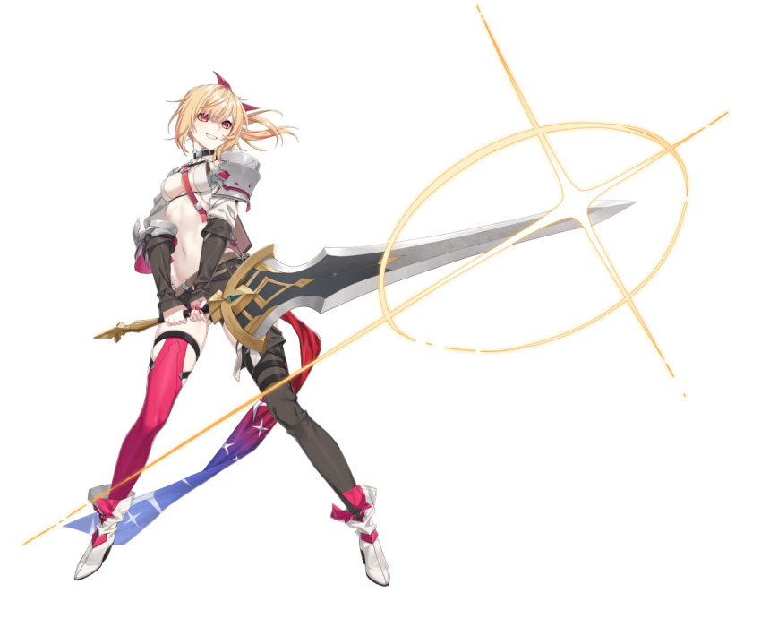 ankle_boots armor asymmetrical_legwear belt between_breasts black_shorts black_sleeves black_thighhighs blonde_hair boots breasts counter:side cross_scar elbow_pads english_commentary female full_body glint grin hand_up holding holding_sword holding_weapon knee_up looking_ahead mi_rinae mismatched_legwear multicolored_hair navel official_alternate_costume official_art orange_eyes orange_hair pauldrons red_nails red_thighhighs scar short_shorts shorts shoulder_armor shrug_(clothing) side_ponytail simple_background single_elbow_pad single_pauldron small_breasts smile solo standing stomach strap_between_breasts streaked_hair sword tachi-e thighhighs two-handed v-shaped_eyebrows weapon white_background white_footwear