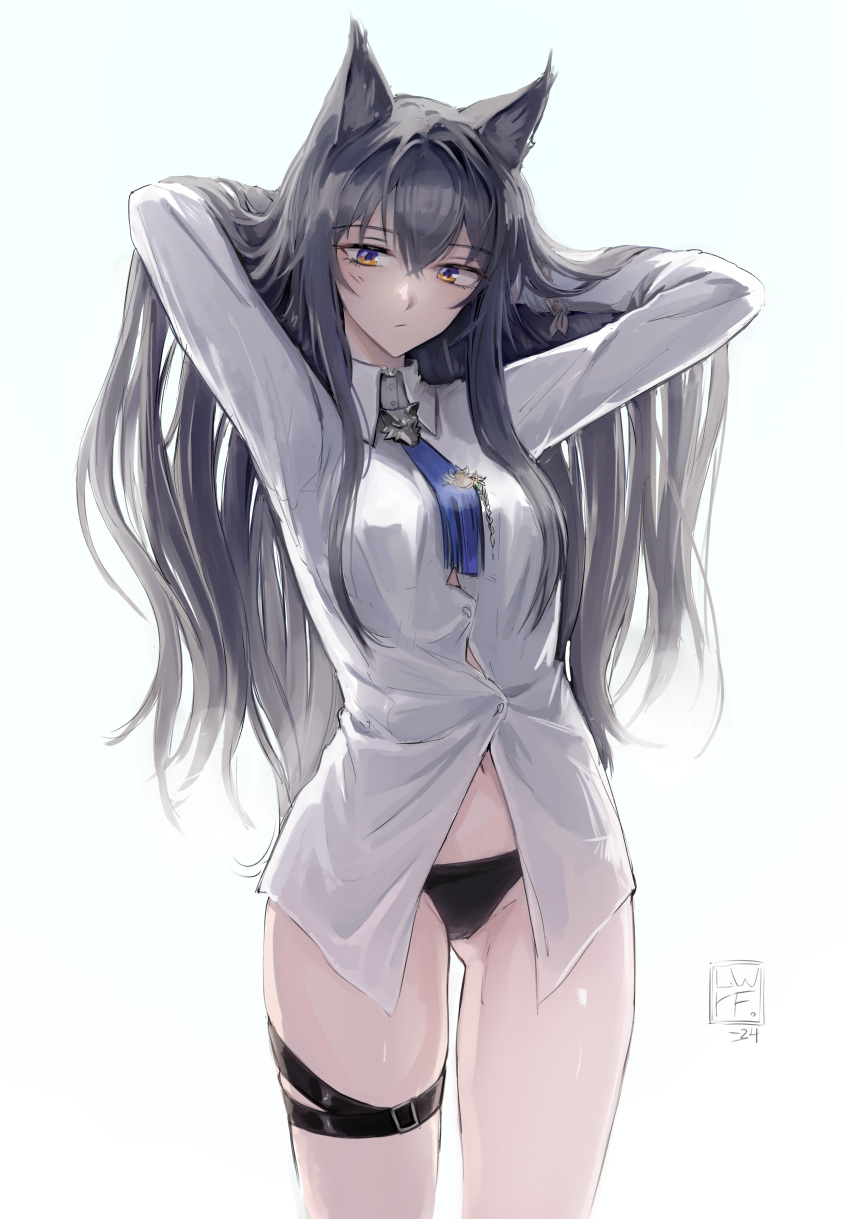 absurdres animal_ear_fluff animal_ears arknights arms_behind_head arms_up ass_visible_through_thighs asymmetrical_legwear black_hair black_panties blue_necktie breasts button_gap closed_mouth collared_shirt cowboy_shot female groin hair_between_eyes hands_in_hair highres long_hair long_sleeves looking_at_viewer luuwruf medium_breasts midriff_peek navel necktie no_pants panties partially_unbuttoned shirt simple_background solo standing texas_(arknights) texas_the_omertosa_(arknights) thigh_strap thighs underwear very_long_hair white_background white_shirt wolf_ears yellow_eyes