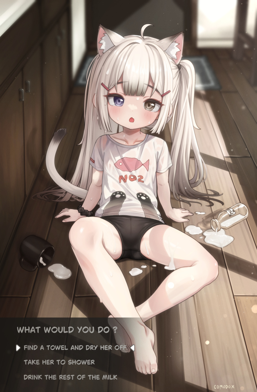 ahoge animal_ear_fluff animal_ears arm_support barefoot black_shorts blush bottle cat_ears cat_girl cat_tail comodomodo cup english_text fallen_down feet female hair_ornament hairclip heterochromia highres indoors kitchen leaning_back legs legs_apart long_hair milk milk_bottle mug on_floor open_mouth original shirt short_shorts short_sleeves shorts sitting solo spilled_milk tail thighs toes two_side_up white_hair white_shirt wooden_floor