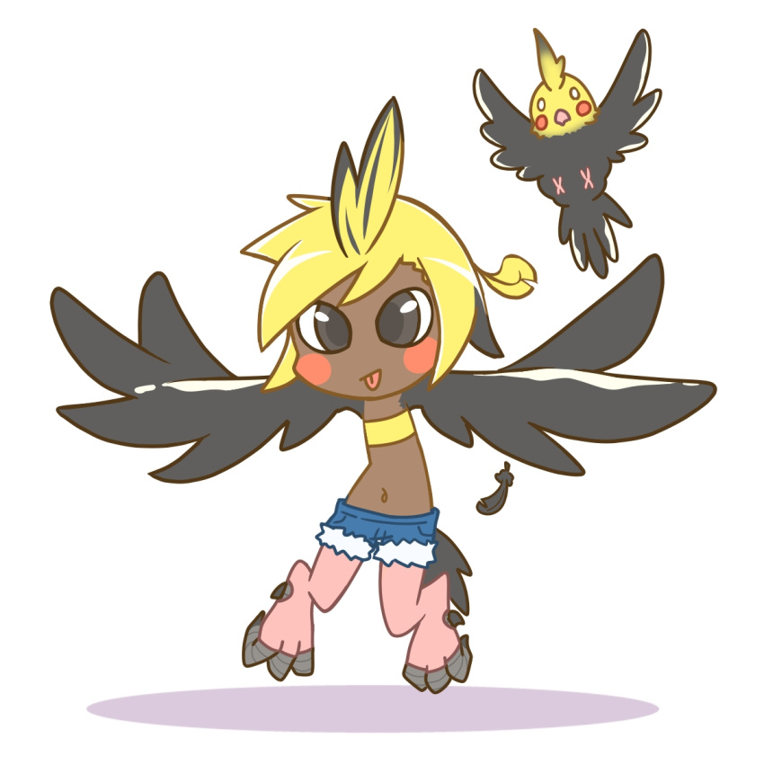 323411 :p bandeau bird bird_legs bird_tail black_eyes black_feathers black_wings blonde_hair blush blush_stickers chibi cockatiel creature_and_personification crow cutoffs dark-skinned_female dark_skin denim denim_shorts feathered_wings feathers female flat_chest flying full_body harpy highres looking_at_viewer midriff monster_girl multicolored_hair navel original personification short_hair short_shorts shorts simple_background solo standing strapless tail talons tongue tongue_out tube_top two-tone_hair white_background winged_arms wings