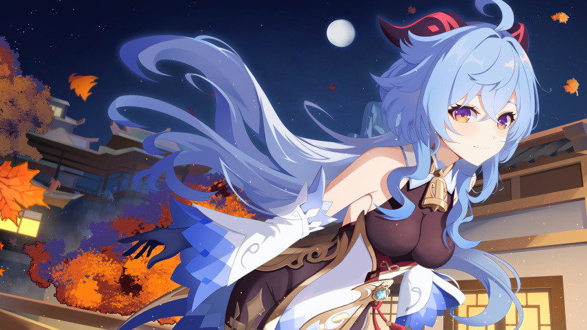 absurdres ahoge architecture autumn autumn_leaves bare_shoulders bell blue_hair bodystocking breasts cleavage detached_sleeves east_asian_architecture female full_moon ganyu_(genshin_impact) genshin_impact gloves goat_horns gold_trim highres horns kao_(phornthep) leaf leaning_forward long_hair long_sleeves looking_at_viewer low_ponytail maple_leaf medium_breasts moon night night_sky original outdoors pelvic_curtain purple_eyes rope sky smile solo star_(sky) starry_sky tailcoat tassel