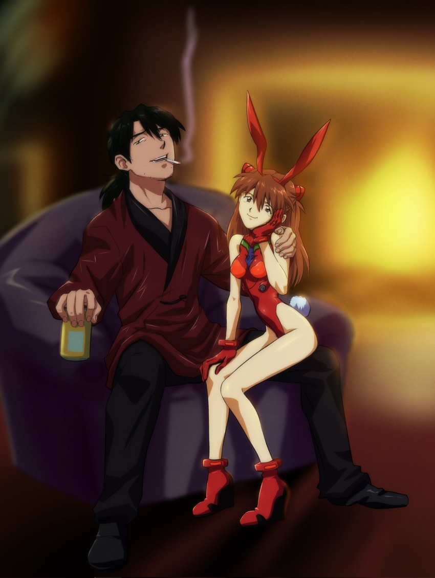 1boy age_difference amondetauro animal_ears couch female gloves highres kaji_ryouji legs leotard neon_genesis_evangelion playboy_bunny rabbit_ears red_gloves sitting smile smoking souryuu_asuka_langley spread_legs straight