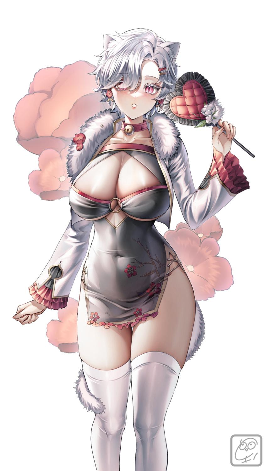 animal_ears bell breasts cat_ears cat_girl cat_tail china_dress chinese_clothes cleavage cleavage_cutout clothing_cutout collarbone commission covered_navel curvy dark_jewel_(gem_oblivion) dress female fur_collar groin hair_over_one_eye hand_fan highres holding holding_fan large_breasts neck_bell original pelvic_curtain pink_eyes shiny_skin side_slit tail thick_thighs thighs