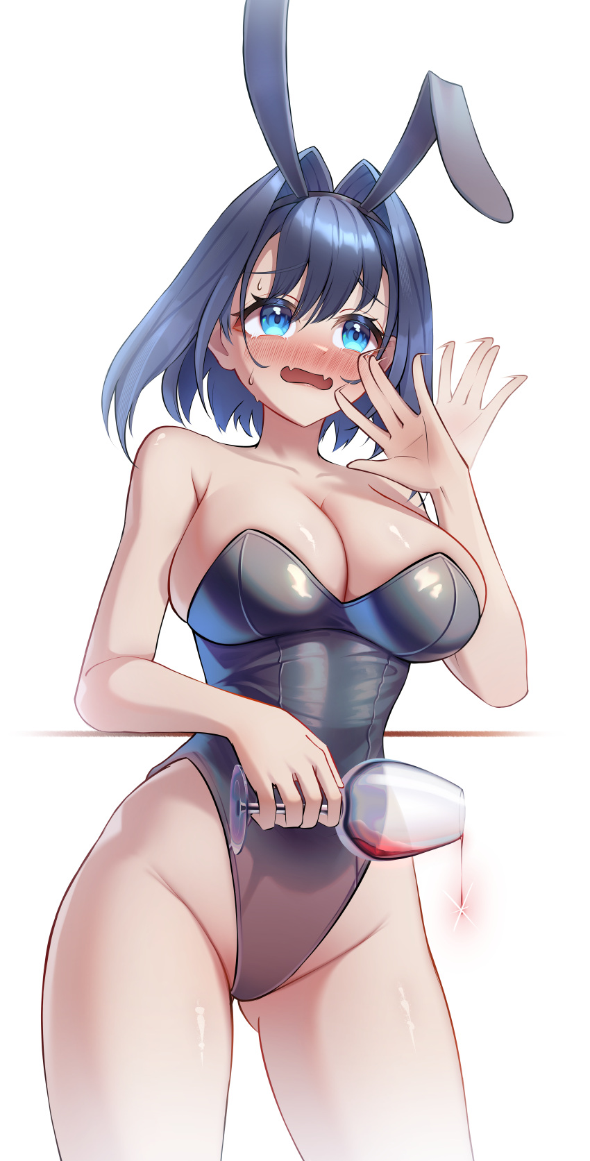 absurdres alcohol alternate_costume animal_ear_hairband animal_ears ass_visible_through_thighs bare_shoulders blue_eyes blue_hair blue_leotard blush breasts choppy_bangs cleavage commentary cup drinking_glass fake_animal_ears fanged_bangs fangs female hair_intakes hairband hand_up highleg highleg_leotard highres holding holding_cup hololive hololive_english incredibly_absurdres large_breasts lazyfox leotard open_mouth ouro_kronii playboy_bunny rabbit_ear_hairband rabbit_ears short_hair simple_background skin_fangs solo strapless strapless_leotard virtual_youtuber white_background wine wine_glass