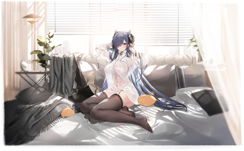 absurdres arm_behind_head arms_up artist_request august_von_parseval_(azur_lane) august_von_parseval_(the_unhulde's_midday_respite)_(azur_lane) azur_lane bed_sheet black_collar black_horns blanket breasts check_artist collar collared_shirt curled_horns day dress_shirt female garter_straps hair_over_one_eye highres horns indoors lampshade large_breasts leaf long_hair looking_at_viewer manjuu_(azur_lane) mechanical_horns mirror navel non-web_source official_alternate_costume official_art one_eye_covered pillow plant purple_eyes purple_hair see-through_clothes see-through_shirt shirt sitting sleeves_rolled_up soaryuna table thighhighs very_long_hair white_shirt window window_blinds yokozuwari