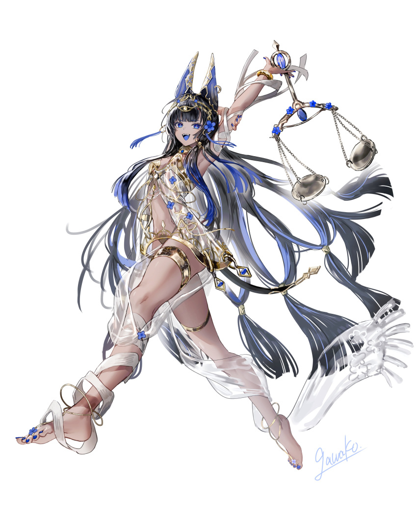 absurdres ancient_egyptian animal_ears anklet arms_up bandages barefoot black_hair blue_eyes blue_hair blue_tongue bracelet choker circlet colored_tongue commentary earrings female flower full_body gawako gold gold_bracelet gold_choker gold_trim hair_flower hair_ornament highres jackal_ears jewelry long_hair looking_at_viewer multicolored_hair nail_polish original revealing_clothes see-through_clothes see-through_shawl shawl signature solo symbol-only_commentary teeth thighlet toenail_polish toenails two-tone_hair upper_teeth_only very_long_hair weighing_scale white_background