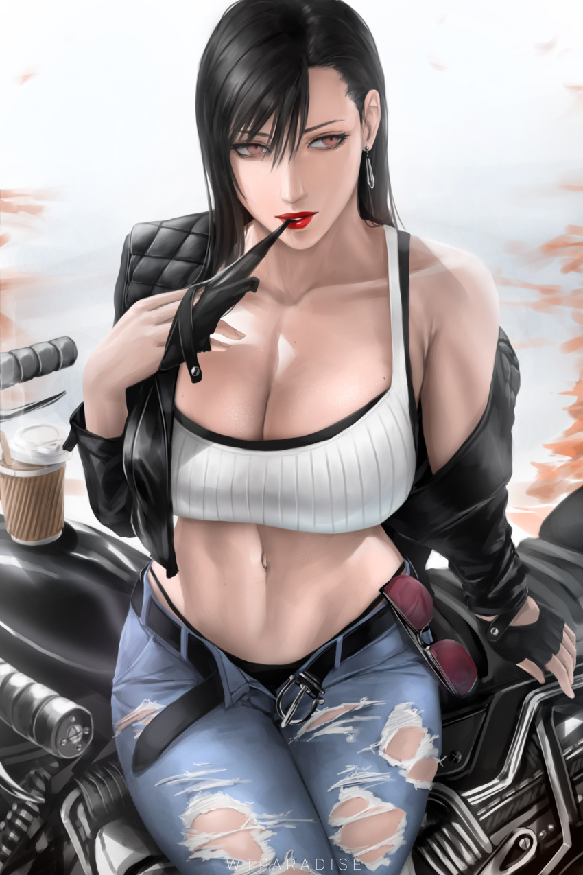 artist_name belt black_belt black_bra black_gloves black_hair black_jacket bra breasts cleavage crop_top cropped_jacket denim earrings female final_fantasy final_fantasy_vii fingerless_gloves gloves highres jacket jewelry large_breasts long_hair midriff motor_vehicle motorcycle mouth_hold navel off_shoulder open_belt open_clothes open_jacket outdoors pants red_eyes sitting solo tank_top tifa_lockhart tinted_eyewear torn_clothes torn_pants underwear unworn_eyewear wtparadise