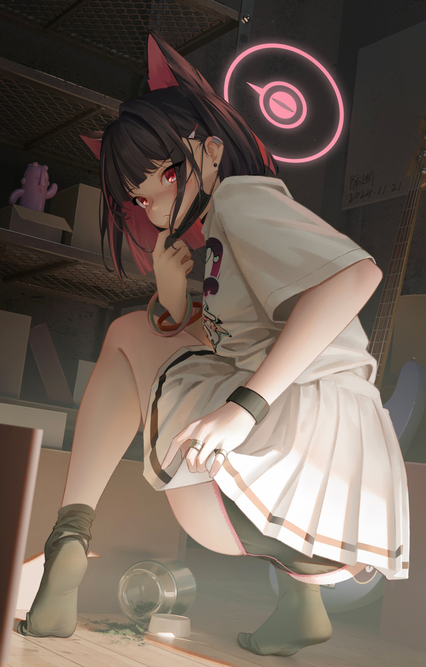 absurdres animal_ears black_hair black_mask black_panties black_socks blue_archive blush cat_ears commentary earclip earrings extra_ears feet female geduan halo haniwa_(statue) highres indoors jewelry kazusa_(band)_(blue_archive) kazusa_(blue_archive) looking_at_viewer looking_back mask mask_pull mouth_mask multicolored_hair no_shoes official_alternate_costume panties pantyshot pink_hair pleated_skirt red_eyes shirt skirt socks soles solo spill squatting stud_earrings tiptoes two-tone_hair underwear white_shirt white_skirt