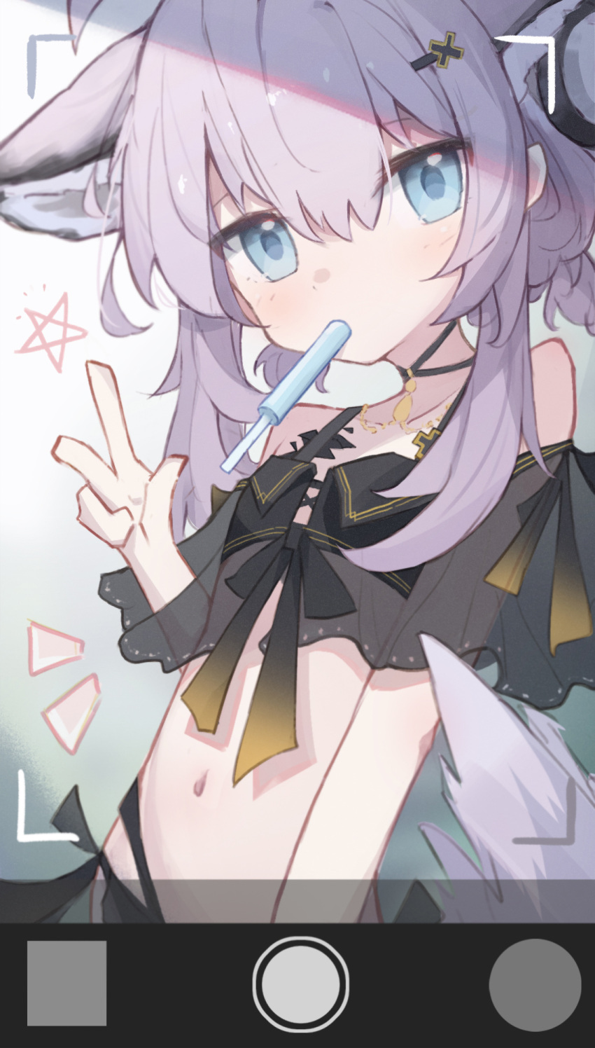 animal_ears arknights bikini black_bikini blush breasts fake_screenshot female food food_in_mouth fox_ears fox_girl fox_tail highres looking_at_viewer material_growth medium_hair nalphanne navel official_alternate_costume oripathy_lesion_(arknights) popsicle popsicle_in_mouth purple_hair small_breasts sussurro_(arknights) sussurro_(summer_flower)_(arknights) swimsuit tail v viewfinder