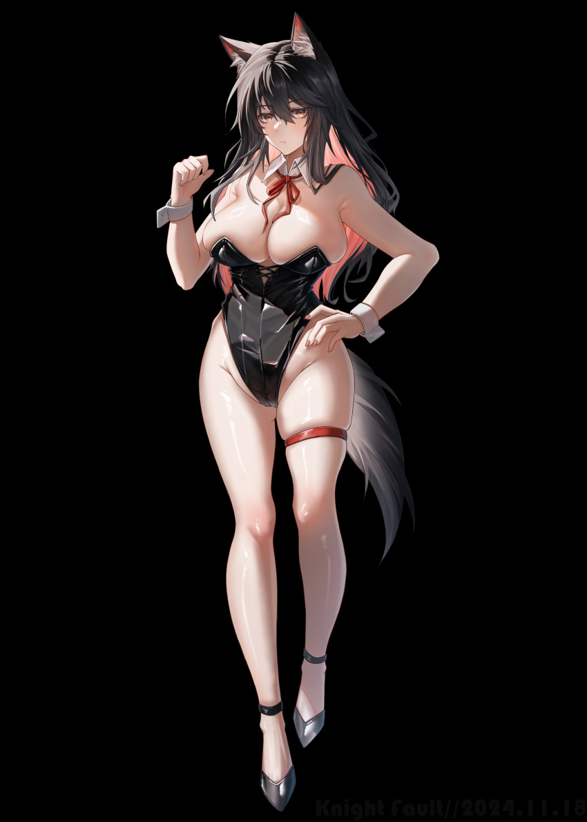 absurdres animal_ear_fluff animal_ears arknights bare_legs black_background black_hair black_leotard breasts brown_eyes chinese_commentary commentary_request detached_collar female full_body highres knight_fault large_breasts leotard long_hair looking_at_viewer neck_ribbon nontraditional_playboy_bunny red_ribbon ribbon solo strapless strapless_leotard tail texas_(arknights) wolf_ears wolf_tail wrist_cuffs