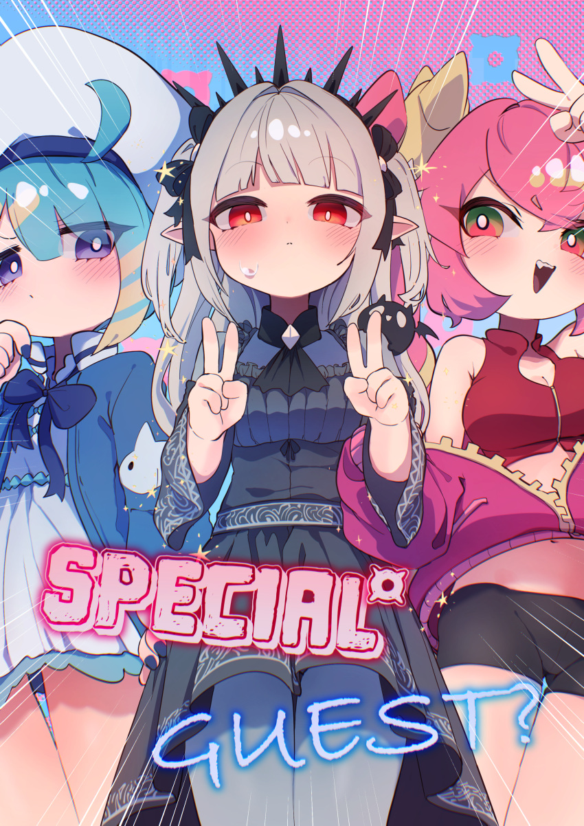 3girls a-bao_a_qu_the_lightless_shadow absurdres black_dress black_shorts blue_dress blue_eyes blue_hair blue_jacket blush c_civciv cropped_shirt double_v dress duel_monster english_text grey_hair highres jacket ki-sikil_(yu-gi-oh!) live_twin_ki-sikil long_hair multiple_girls off_shoulder open_clothes open_jacket pink_hair pink_jacket red_eyes red_shirt shirt short_hair shorts twintails two_side_up v yu-gi-oh!