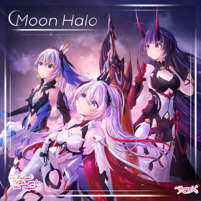 3girls bare_shoulders blue_eyes bronya_zaychik bronya_zaychik_(herrscher_of_reason) cape cross cross_earrings earrings english_text grey_hair hair_ornament highres honkai_(series) honkai_impact_3rd horns jewelry kiana_kaslana kiana_kaslana_(herrscher_of_flamescion) long_hair multicolored_hair multiple_girls ponytail purple_eyes purple_hair raiden_mei raiden_mei_(herrscher_of_thunder) red_horns signature snowpix streaked_hair striped_clothes sword thighhighs thighs vertical-striped_clothes weapon white_hair