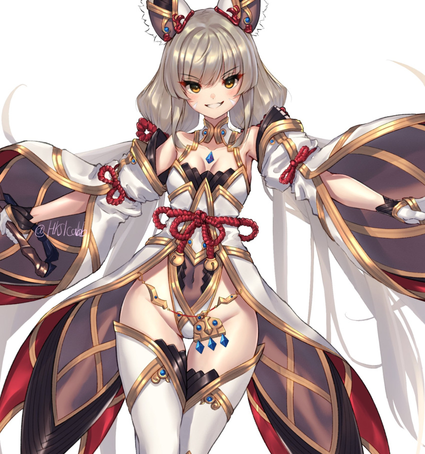 animal_ears bare_shoulders black_gloves breasts cat_ears cat_girl cowboy_shot detached_sleeves dress female gloves grey_hair hakusai_(hksicabb) highres holding holding_sword holding_weapon leotard long_hair navel nia_(blade)_(xenoblade) nia_(xenoblade) see-through_clothes see-through_leotard simple_background small_breasts smile solo sword very_long_hair weapon white_background white_dress white_leotard wide_sleeves xenoblade_chronicles_(series) xenoblade_chronicles_2