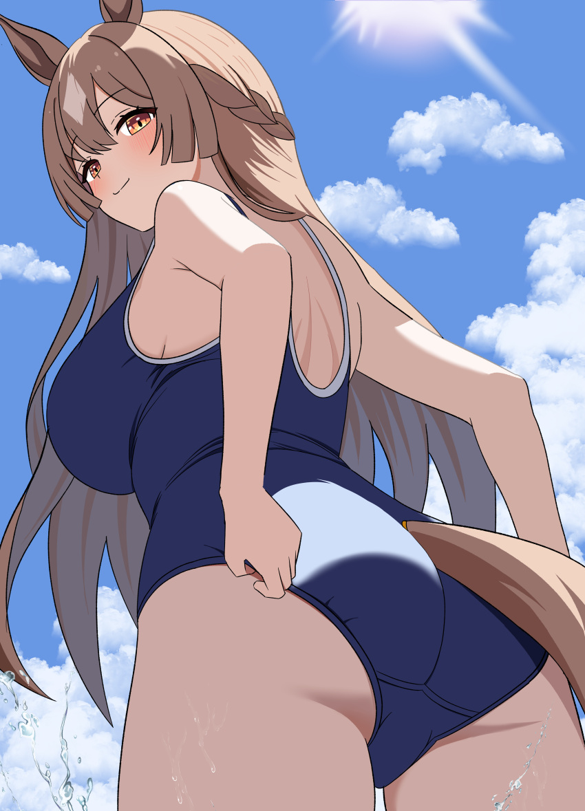 absurdres animal_ears ass blue_one-piece_swimsuit blue_sky blush breasts brown_hair cleavage closed_mouth commentary_request competition_school_swimsuit competition_swimsuit cowboy_shot day female from_behind hair_between_eyes half_up_braid highres horse_girl horse_tail kuronekozaka large_breasts long_hair looking_at_viewer looking_back multicolored_hair one-piece_swimsuit open_mouth outdoors satono_diamond_(umamusume) school_swimsuit sky solo streaked_hair sweat swimsuit tail tail_through_clothes umamusume white_hair yellow_eyes