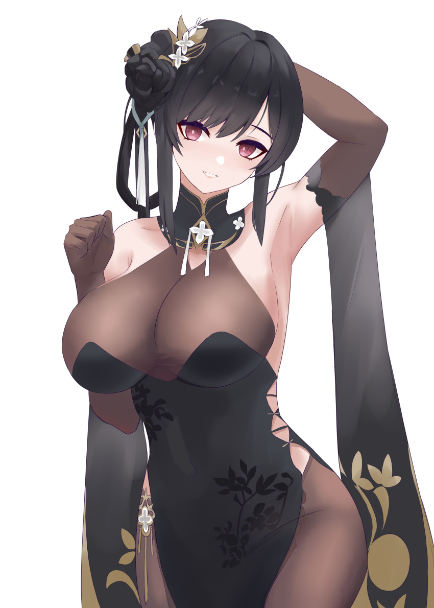 absurdres alternate_costume arm_behind_head armpits azur_lane bare_shoulders black_hair bodystocking breasts chen_hai_(azur_lane) chen_hai_(vestibule_of_wonders)_(azur_lane) china_dress chinese_clothes chinese_commentary cleavage covered_navel dress elbow_gloves eyeshadow female flower gloves hair_flower hair_ornament highres lace-trimmed_gloves lace_trim large_breasts looking_at_viewer makeup obniermarbiss open_mouth pelvic_curtain purple_eyes see-through_clothes simple_background sleeveless smile solo standing taut_clothes taut_dress teeth white_background white_flower