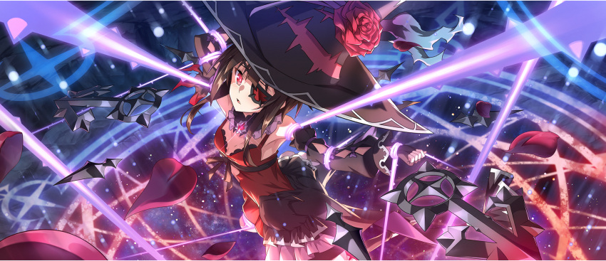 black_collar black_gloves black_hat black_sash breasts brown_hair collar collar_jewel detached_sleeves dress eyepatch female fingerless_gloves flower frilled_collar frills game_cg gem gloves glowing glowing_eye hat hat_flower highres kono_subarashii_sekai_ni_shukufuku_wo! konosuba_fantastic_days looking_at_viewer magic_circle megumin official_alternate_costume official_art parted_lips red_dress red_eyes red_flower red_gemstone red_petals restrained sash short_hair short_hair_with_long_locks sidelocks sleeveless sleeveless_dress small_breasts solo witch_hat