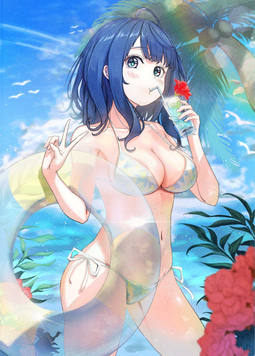 absurdres ahoge aqua_(eos8012) bikini blue_bikini blue_eyes blue_hair blue_sky breasts cleavage cloud cowboy_shot day drink drinking_straw female flower highres looking_at_viewer make_heroine_ga_oo_sugiru! medium_breasts medium_hair outdoors palm_tree side-tie_bikini_bottom sky solo swimsuit transparent_innertube tree yanami_anna