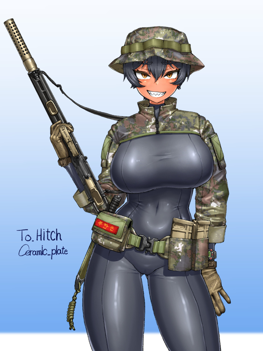 absurdres ammunition_pouch artist_name ass_visible_through_thighs assault_rifle belt belt_pouch black_bodysuit black_hair bodysuit boonie_hat borrowed_character breastless_clothes breasts brown_gloves camouflage_headwear ceramic_plate covered_navel daewoo_k1 female gloves gradient_background gun gun_sling hair_between_eyes hand_up highres knife knife_sheath large_breasts long_sleeves magazine_(weapon) mechanix_wear open_mouth original pouch rifle sergeant_joo sharp_teeth sheath short_hair slit_pupils smile solo suppressor teeth vertical_foregrip watch weapon yellow_eyes