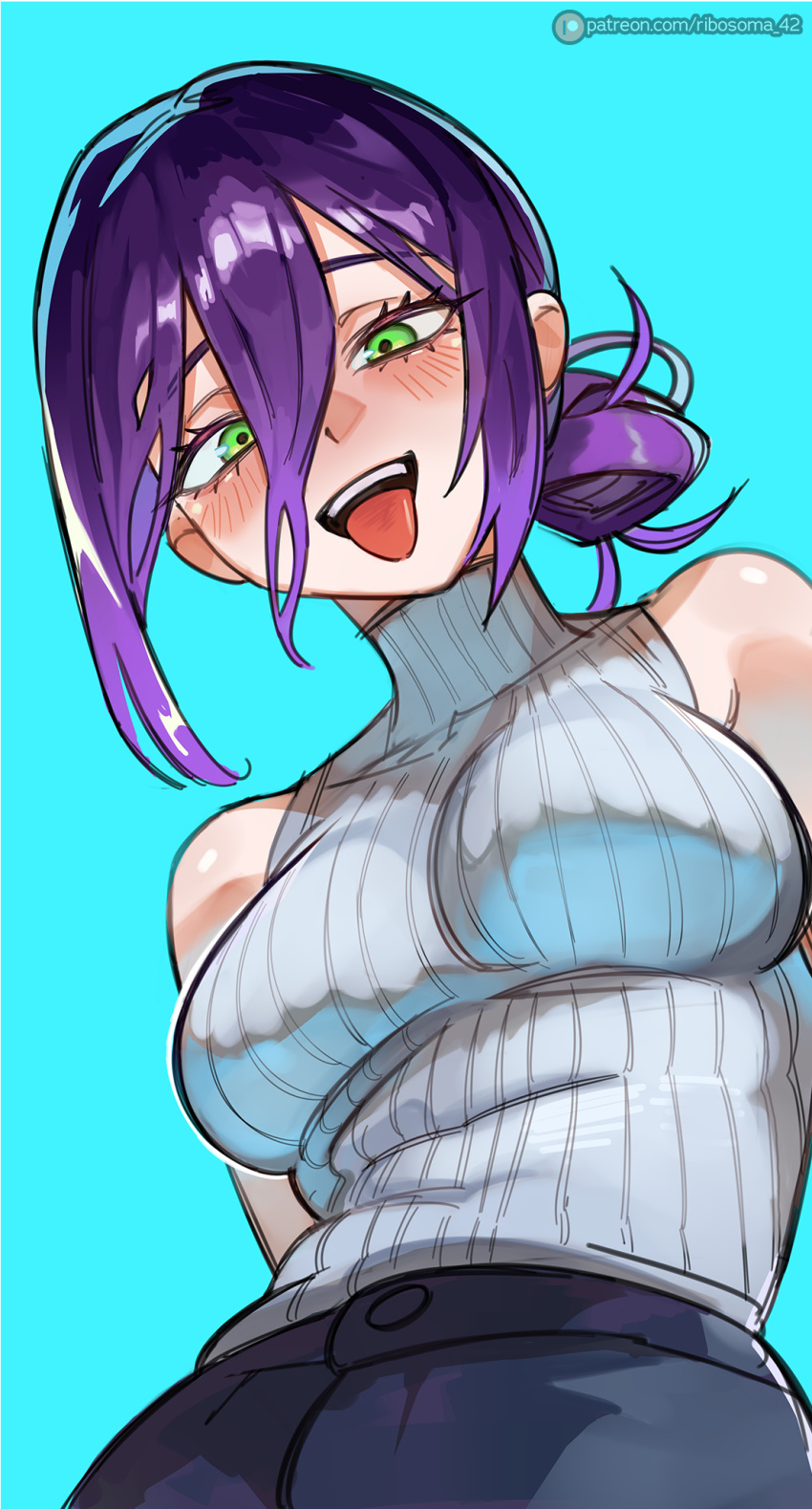 blue_background blue_pants chainsaw_man female green_eyes grey_sweater hair_between_eyes hair_bun highres pants purple_hair reze_(chainsaw_man) ribbed_sweater ribosoma_42 single_hair_bun sleeveless sleeveless_sweater sleeveless_turtleneck solo sweater tongue tongue_out turtleneck turtleneck_sweater