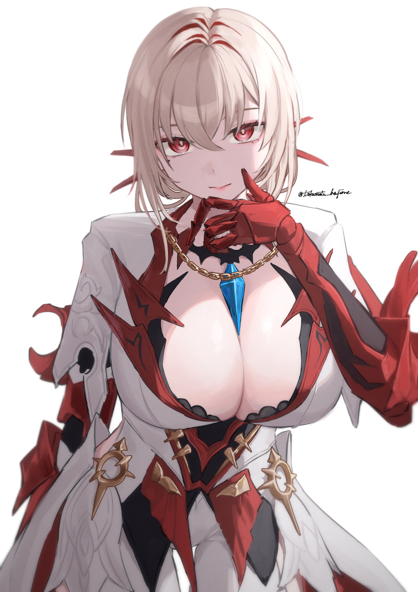 absurdres bianca_(pgr) blonde_hair blue_gemstone breasts cleavage closed_mouth crossed_bangs dress female gem hair_between_eyes highres large_breasts light_brown_hair mechanical_arms mechanical_hands punishing:_gray_raven red_eyes signature solo takamatu_hajime twitter_username white_dress