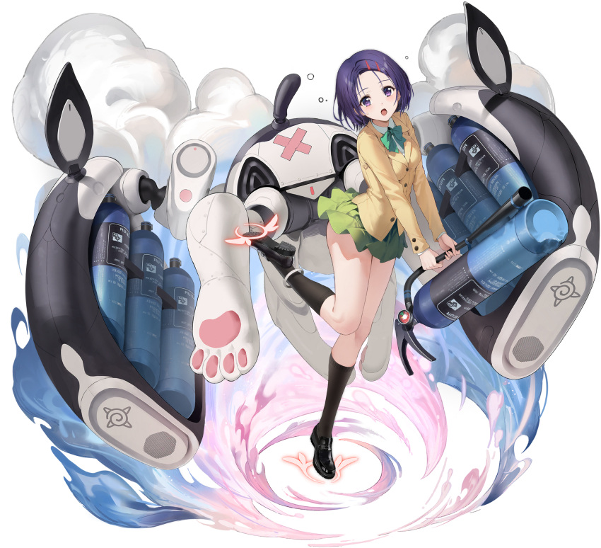 artist_request azur_lane black_footwear black_socks blazer bow bowtie female fire_extinguisher frilled_skirt frills green_bow green_bowtie green_skirt hair_ornament hairclip highres jacket knee_up long_sleeves looking_at_viewer miniskirt non-web_source official_art open_mouth purple_eyes purple_hair rigging sainan_high_school_uniform sairenji_haruna school_uniform short_hair skirt socks solo sweatdrop to_love-ru to_love-ru_darkness winter_uniform