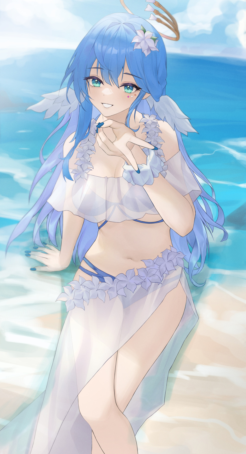 absurdres aqua_eyes arm_support bare_shoulders beach bikini blue_background blue_hair blue_nails breasts c.u.b.e cleavage facial_mark feet_out_of_frame female flower grin hair_flower hair_ornament head_wings highres honkai:_star_rail honkai_(series) looking_at_viewer nail_polish navel ocean off-shoulder_bikini off_shoulder robin_(honkai:_star_rail) sarong sitting smile solo stomach swimsuit water white_bikini white_flower wings